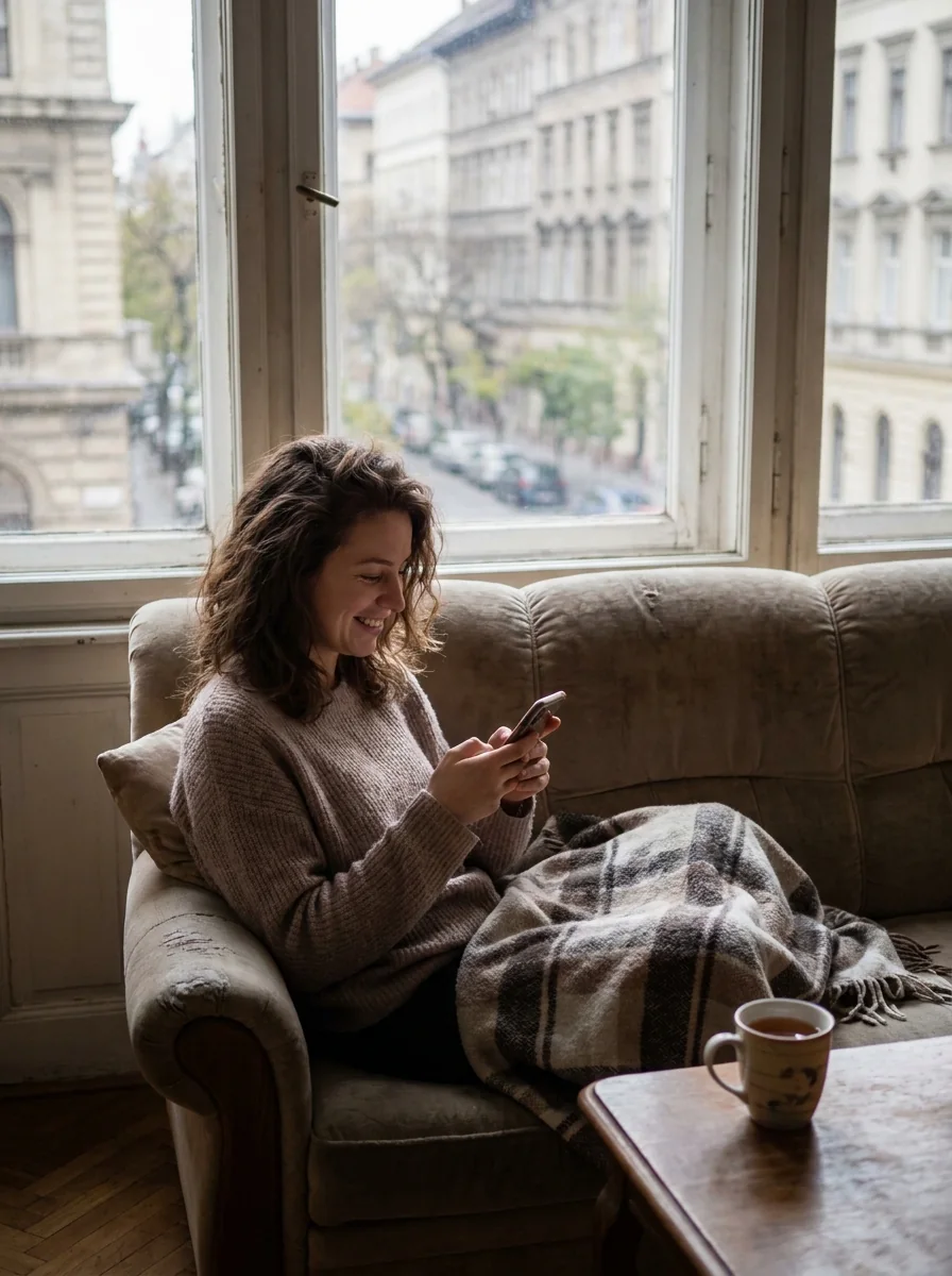 Fiatal nő a kanapén ül és telefonról ételt rendel